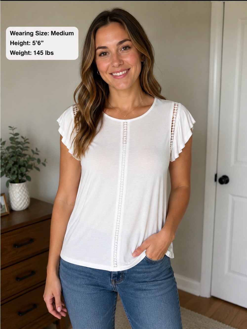 Women’s White Short Flutter Sleeve Top Cable & Gauge Sz M Nwot